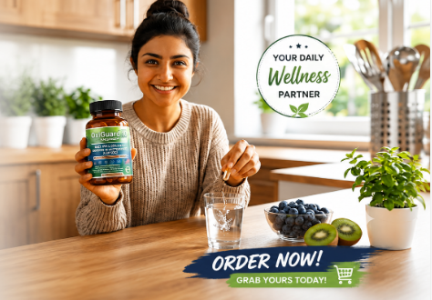 Woman holding OxiGuard 10 Supplement bottle in her kitchen — order now
