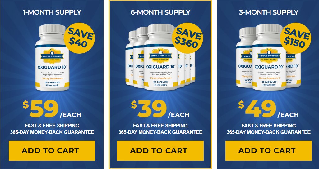 OxiGuard 10 Supplement pricing packages — 1, 3 and 6 month supply, add to cart